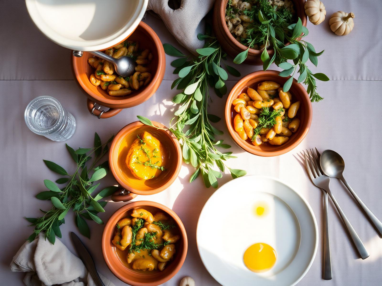 Terracotta serving bowls with seasonal dishes
